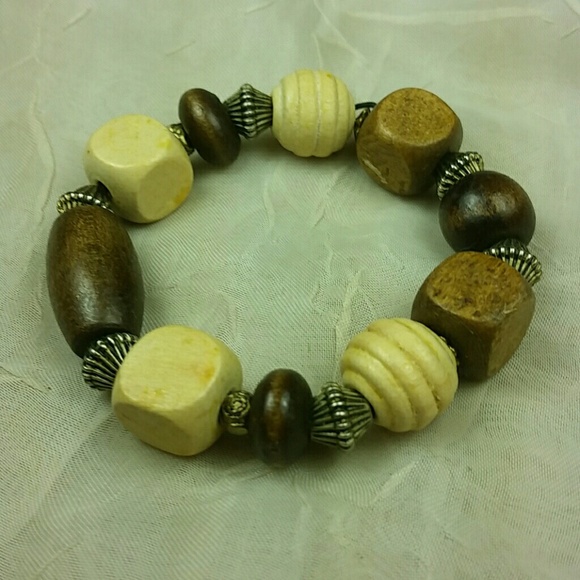 Boho Chunky Wood Bead Stretch Bracelet Natural Earthy Tribal Artisan Jewelry - Picture 2 of 4